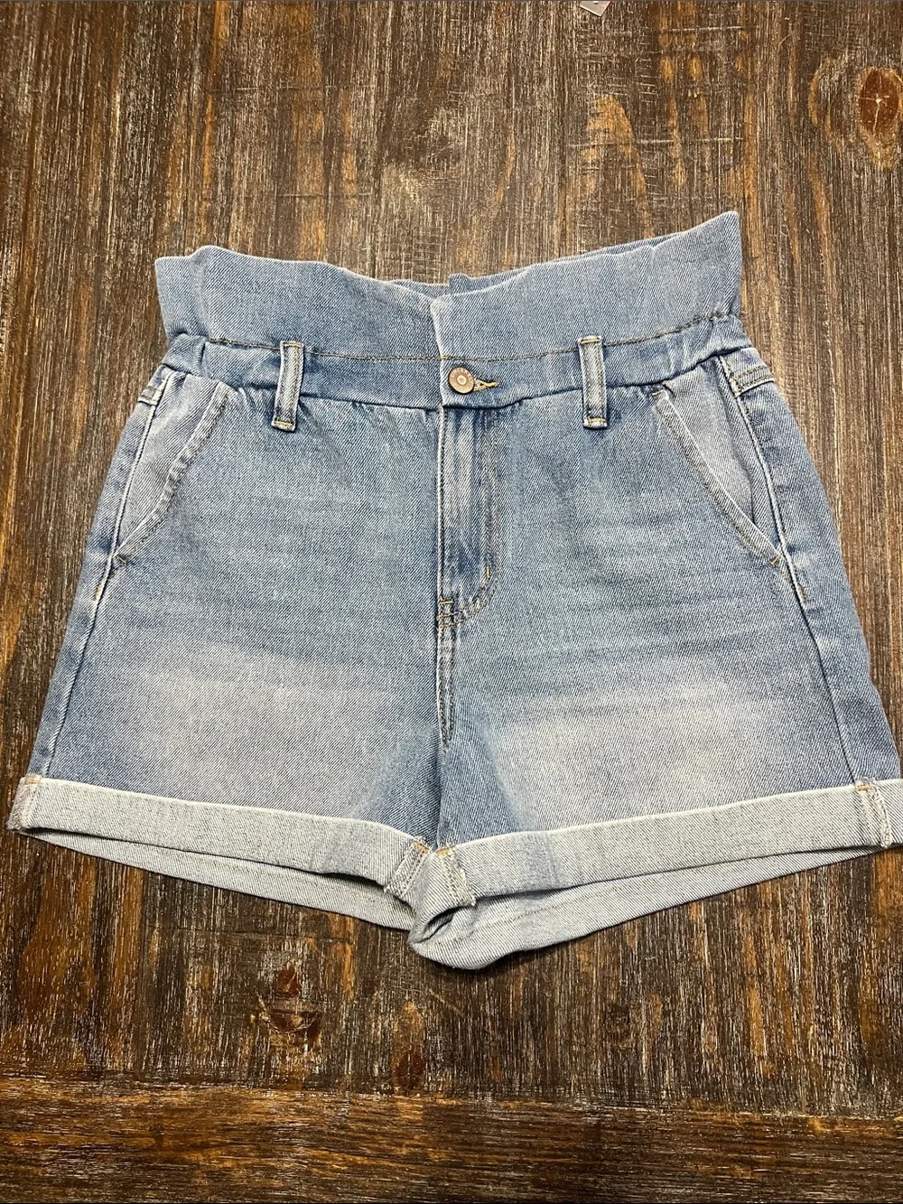Sincerely Jules Light Blue Paperbag Waist Denim Shorts